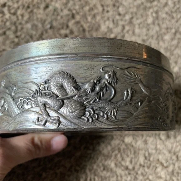 Vintage Mid 20th Century Chinese Silvered Metal Covered Dish